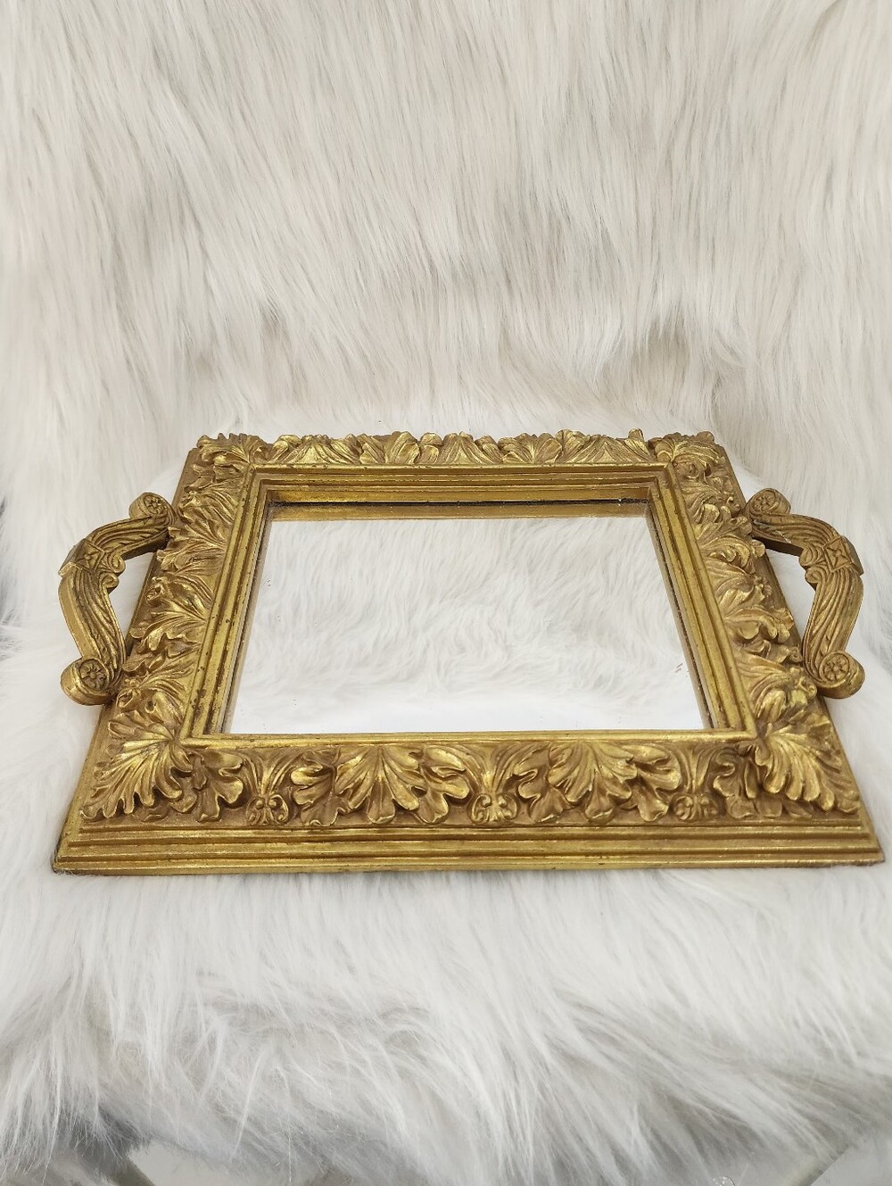 Vintage Floral Gold Tone Ornate Bedroom/ Bathroom Vanity Mirrored Tray
